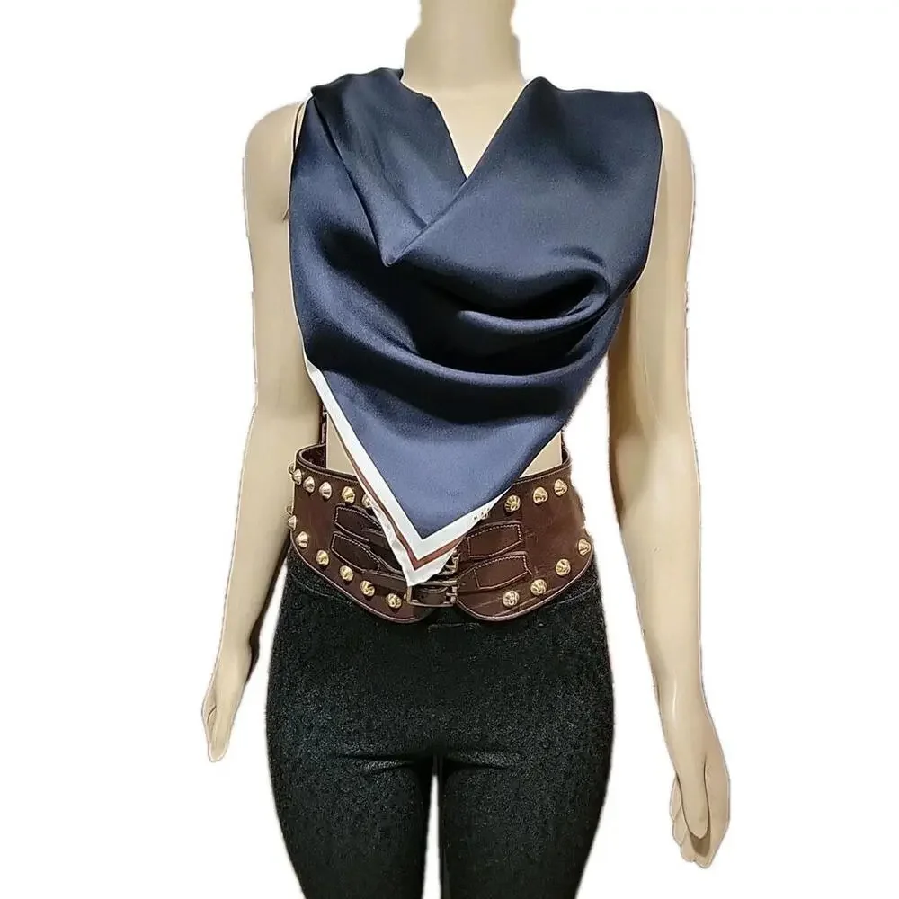 RARE MARNI H&M SILK HEAD SCARF TRIANGULAR Navy/ivory Signed 30
